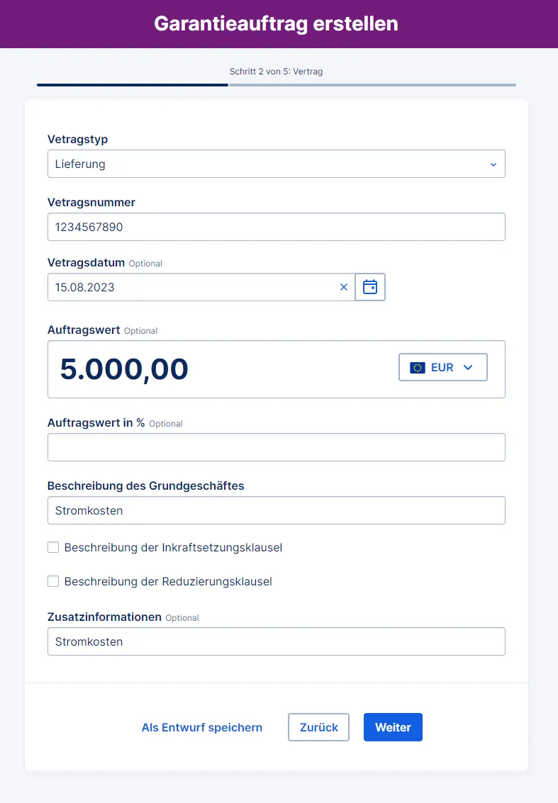Schritt 2 zur Erstelleung eines Garantieauftrags