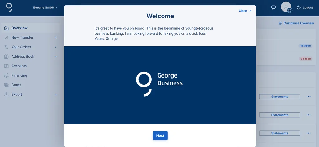 Screen showing the intro tour at the first Access to George Business