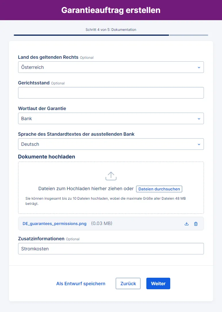 Schritt 4 zur Erstelleung eines Garantieauftrags