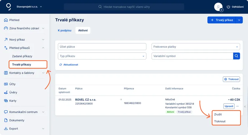 Možnosti editace a smazání trvalého příkazu