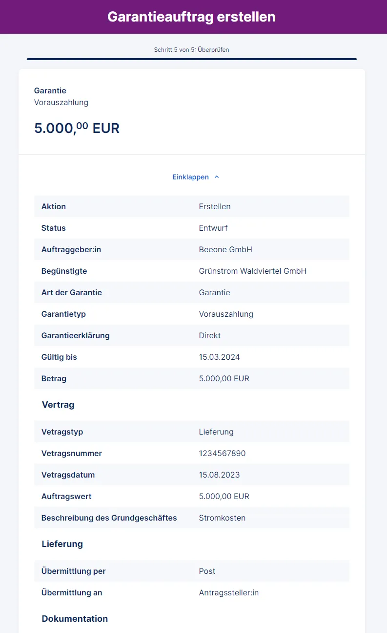 Schritt 5 zur Erstellung eines Garantieauftrags