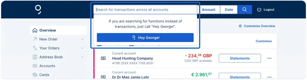 The top header search bar which will find transactions across all products