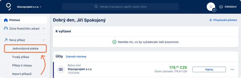 Domácí platba v levém menu