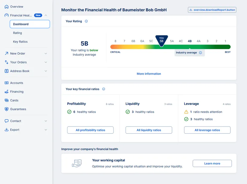 Working Capital Simulator entrypoint in the Financial Health Zone Dashboard at George Business
