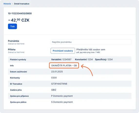 Informace o okamžité platbě v historii transakcí