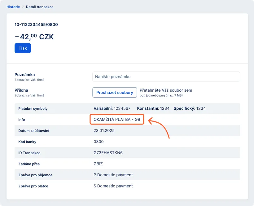 Informace o okamžité platbě v historii transakcí