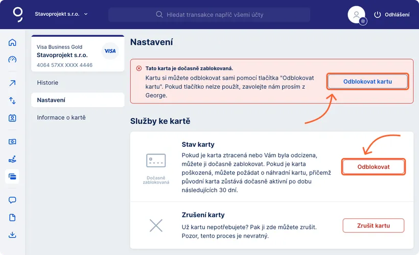 Možnost odblokování karty