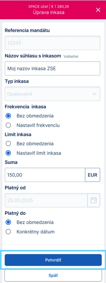 úprava súhlasu s inkasom