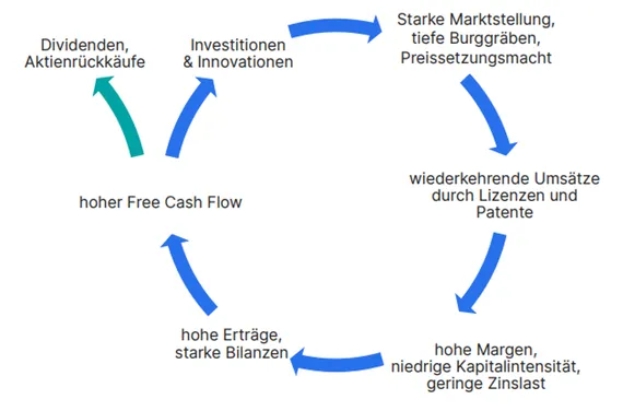 Kreislauf: Investitionen und Innovationen → starke Marktstellung, tiefe Burggräben, Preissetzungsmacht → wiederkehrende Umsätze durch Lizenzen und Patente → hohe Margen, niedrige Kapitalintensität, geringe Zinslast → hohe Erträge, starke Bilanzen → hoher Free Cash Flow. Das kann dann auch zu Dividenden und Aktienrückkäufen führen.