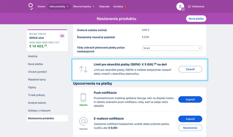 Nastavenie limitu pre okamžitú platabu
