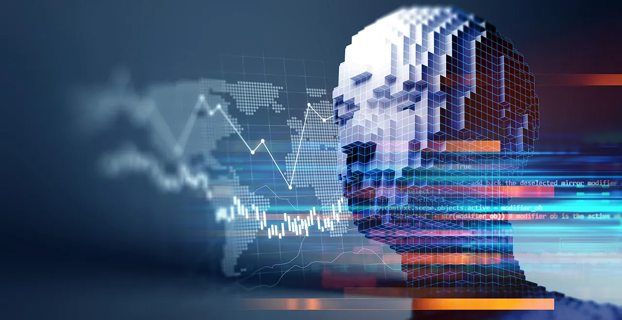 Symbolfoto und -grafik zum Thema Künstliche Intelligenz - Charts, Weltkarte, 3D-Kopf