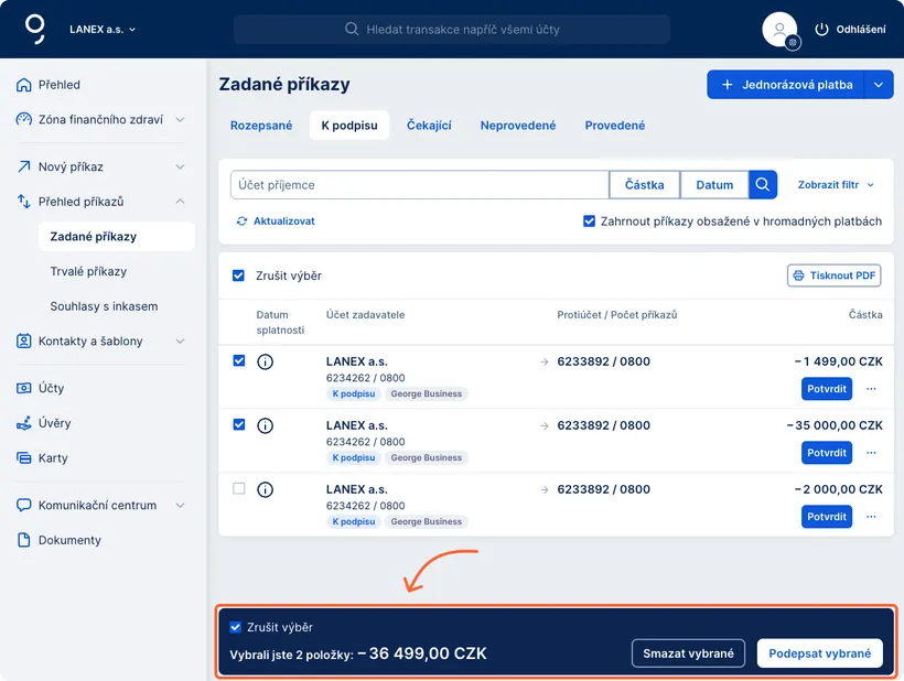 Hromadné maszání příkazů k podpisu