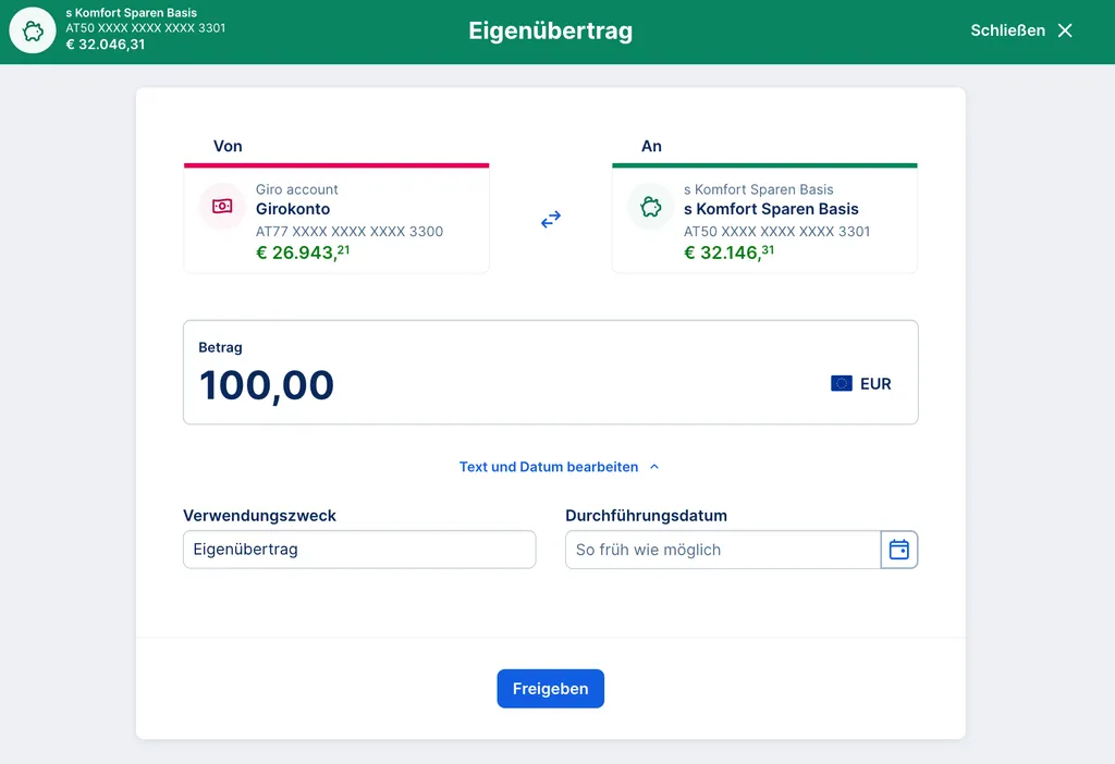Eigenübertrag Option - web browser