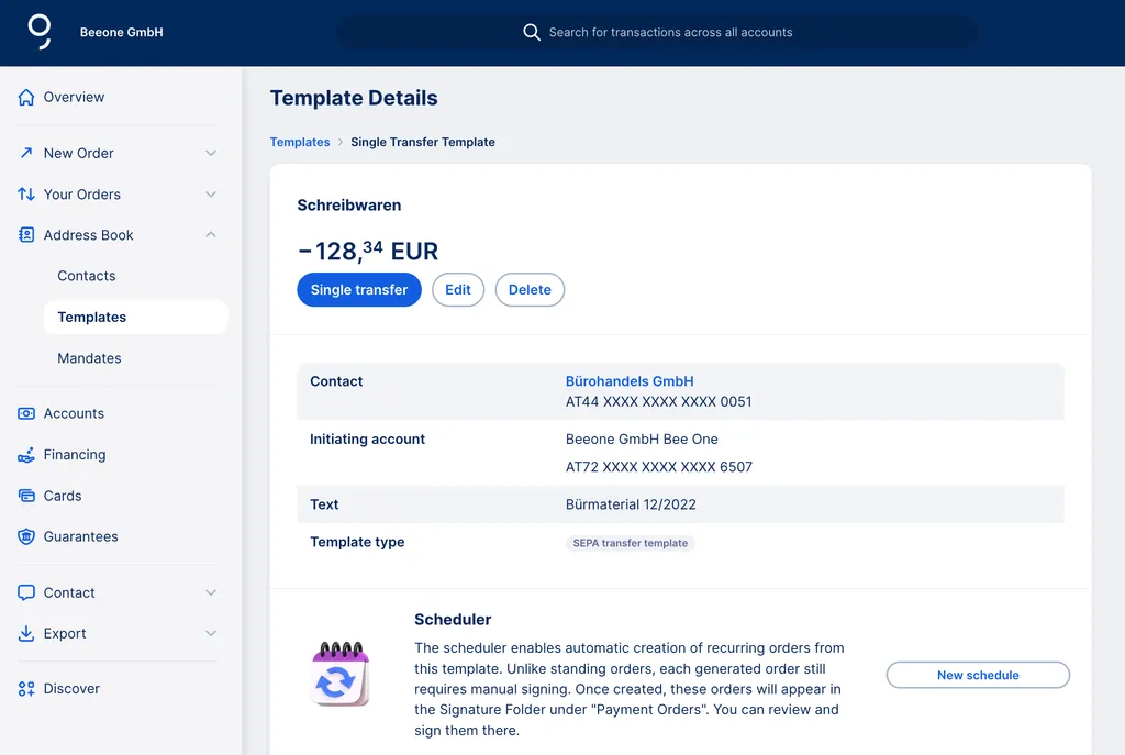 Order scheduler from the Template section in the George Business address book