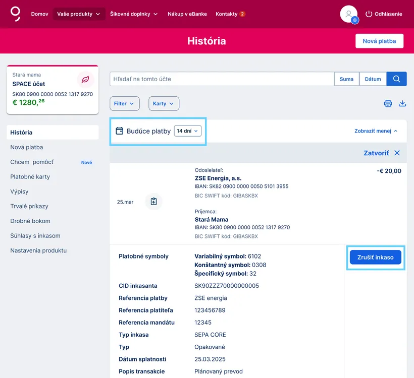 zrušenie čakajúceho inkasa web
