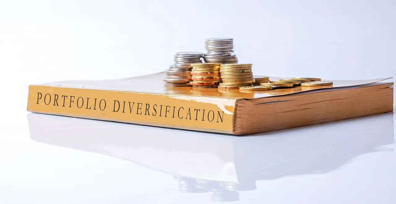 Münzstapel auf einem Buch mit der Aufschrift Portfolio Diversification