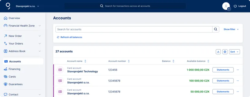 Card accounts on the Accounts overview page