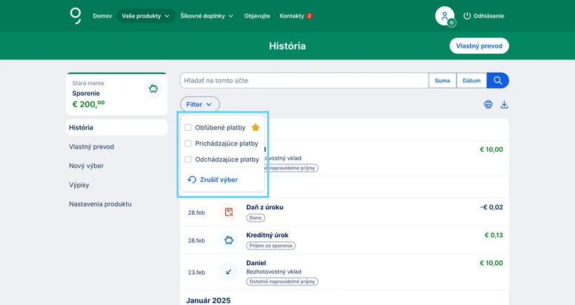 Filter transakcií