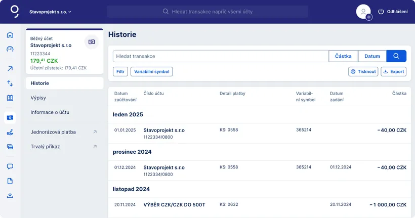 Historie transakcí s možností vyhledávání