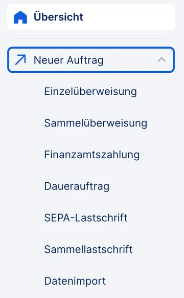 Seitenmenü mit "Neuer Auftrag" ausgeklappt