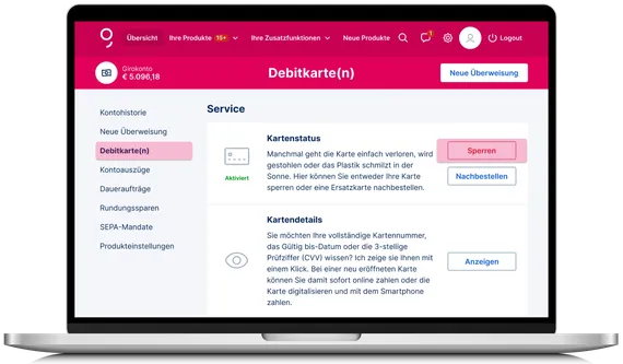 Screen-Anleitung zum Sperren der Debitkarte