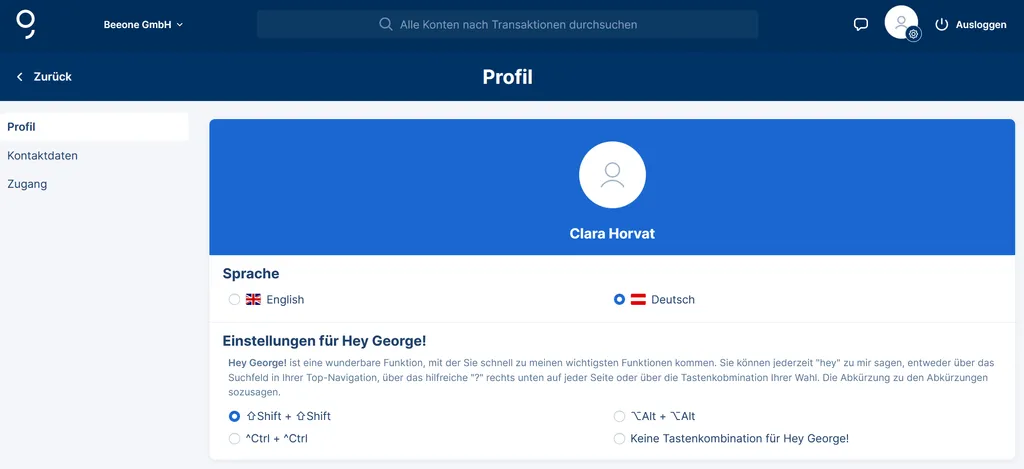 Profil-Einstellungen mit Sprachauswahl und Demo-Modus