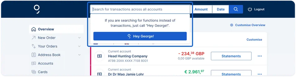 The Hey George! Button underneath the George Business search bar