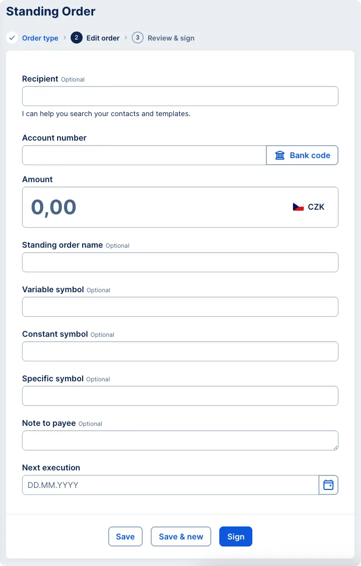 Required standing payment details