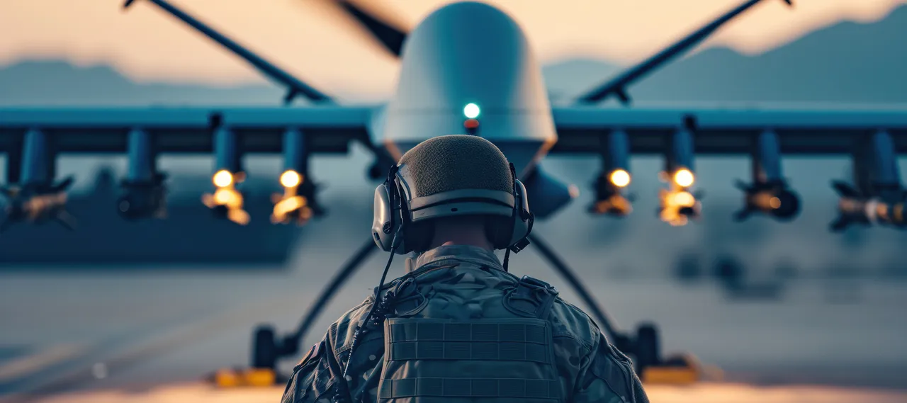 Symbolgrafik - Militärischer Operator bereitet eine Drohne für den Einsatz während Kampfmissionen vor