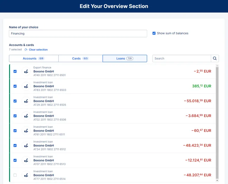 Customise your Overview Section for Financing