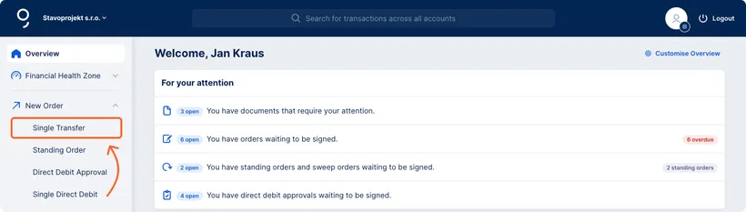 Domestic payment option in the left menu