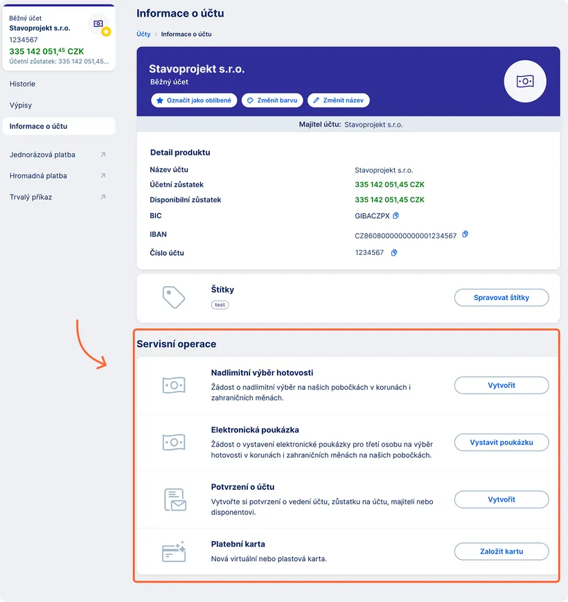 Servisní operace u účtu