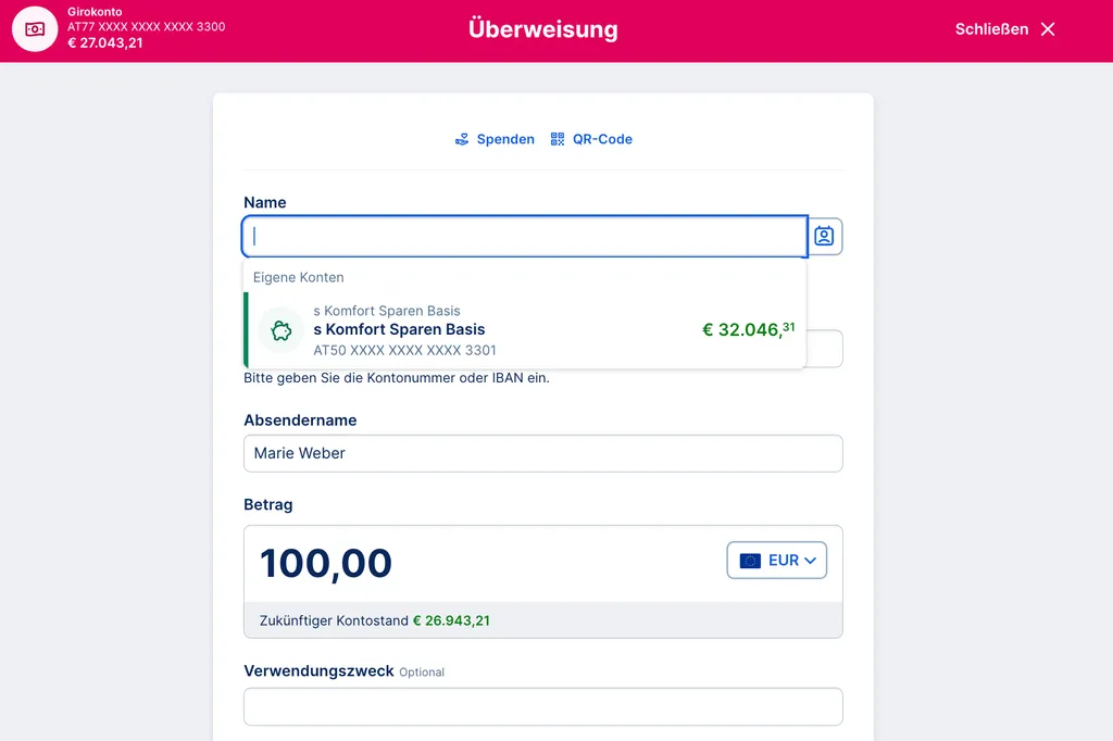 Eigenübertrag über Girokonto - web browser