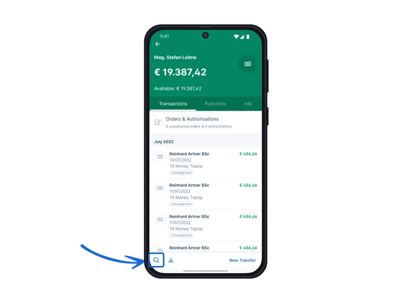 Start your transaction search in the George App via the sear icon on the lower left side of your screen.