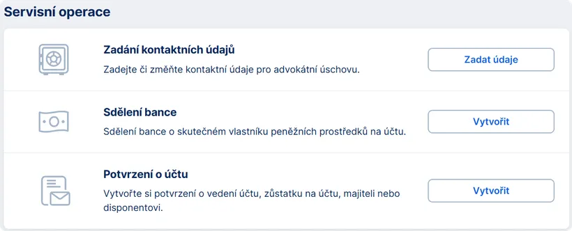 Sekce s funkcemi účtu
