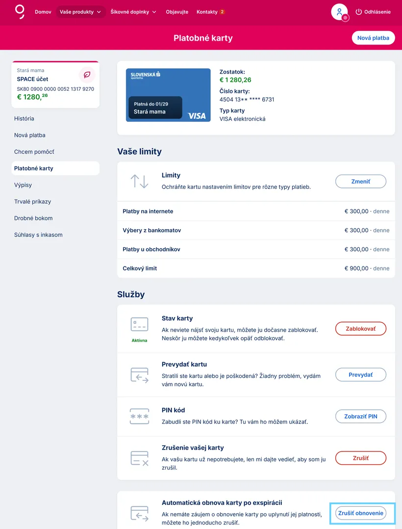 zrušenie obnovenia karty