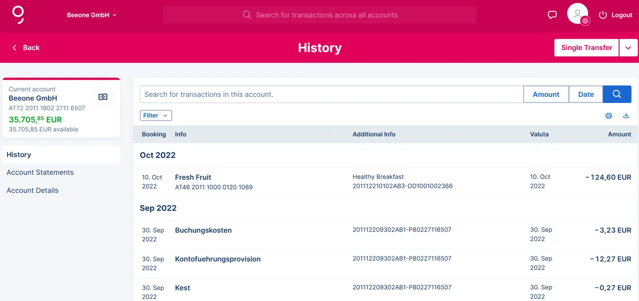 From the overview directly to your account history
