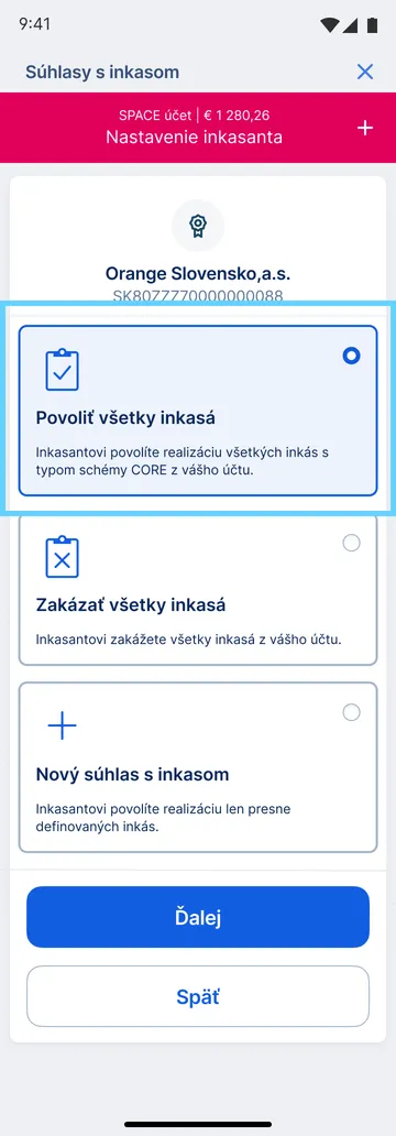 výber typu inkasa