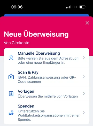Neue Überweisung - Optionen