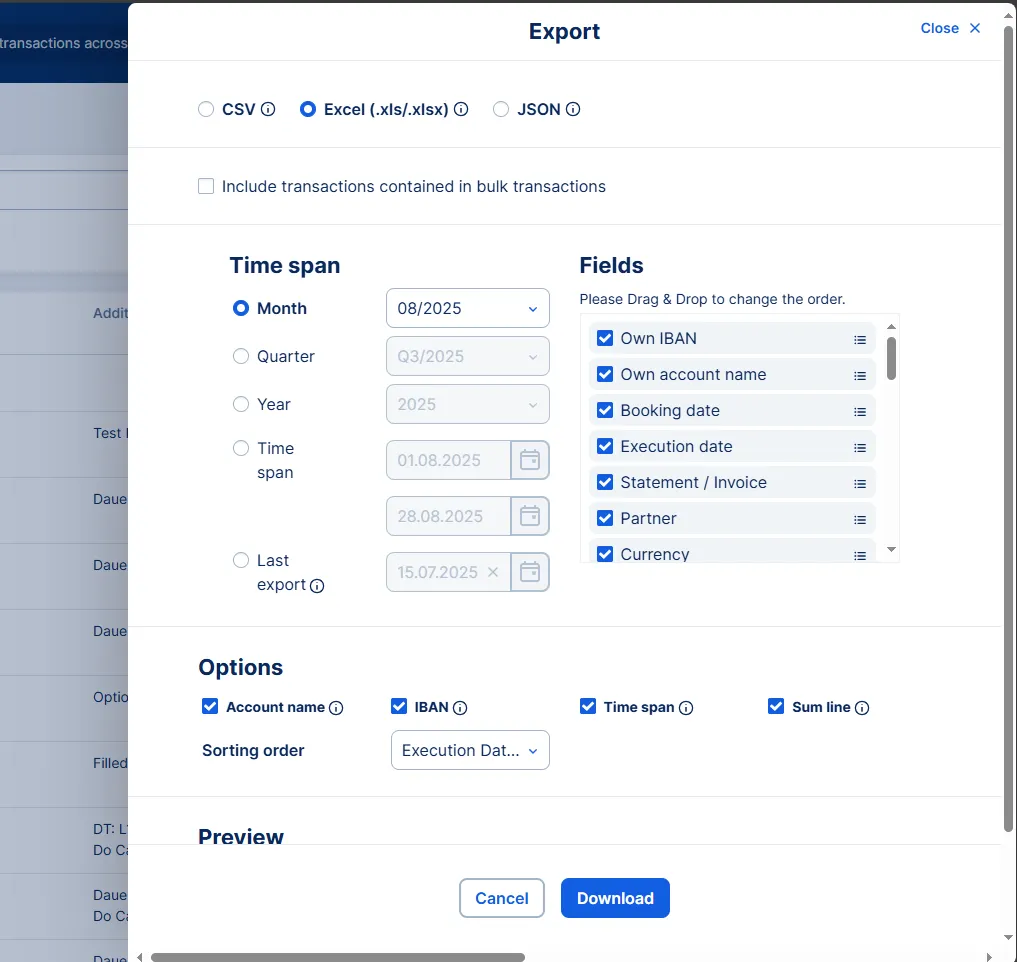 Export of transaction history