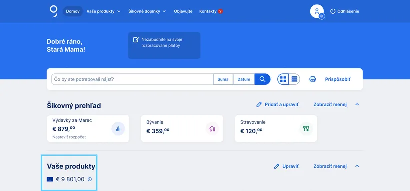 Zobrazenie sumy zostatku