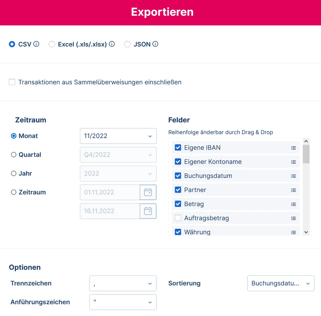 Optionen zum Export der Kontohistorie