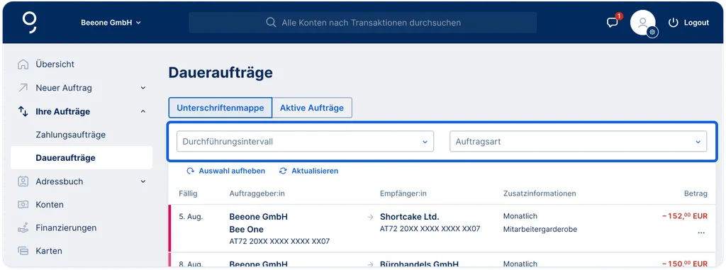 Filtern - Daueraufträge