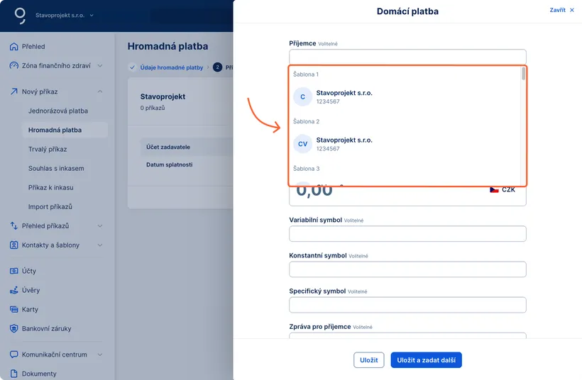 Výběr ze šablon u hromadných plateb
