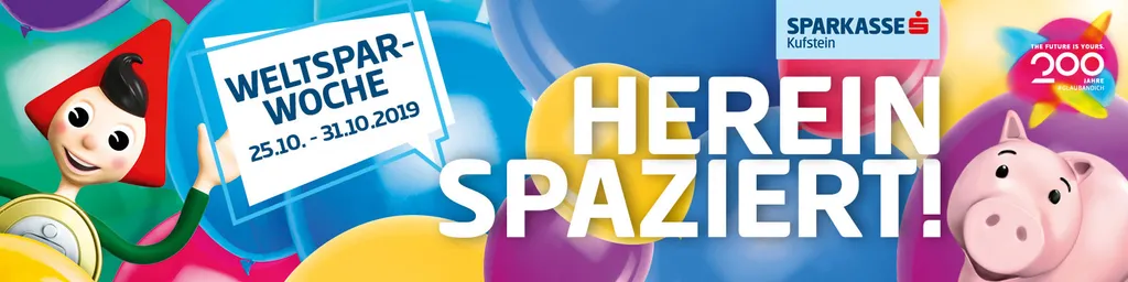 Plakat für Weltsparwoche mit Sparkasse Maskottchen 