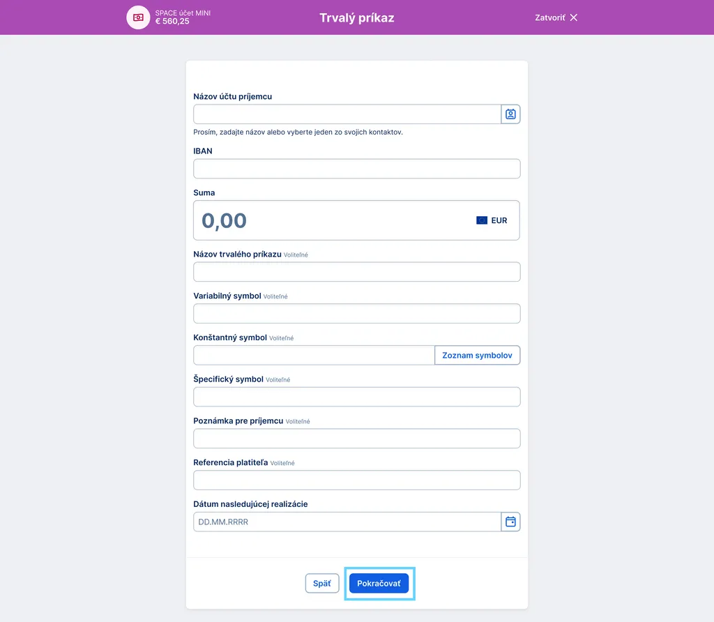 Zadajte údaje trvalého príkazu
