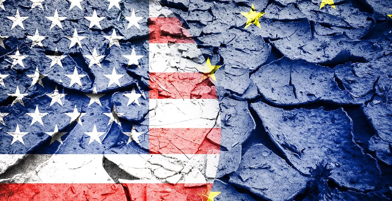 Symbolgrafik - US-Flagge und EU-Flagge mit strukturiertem Hintergrund