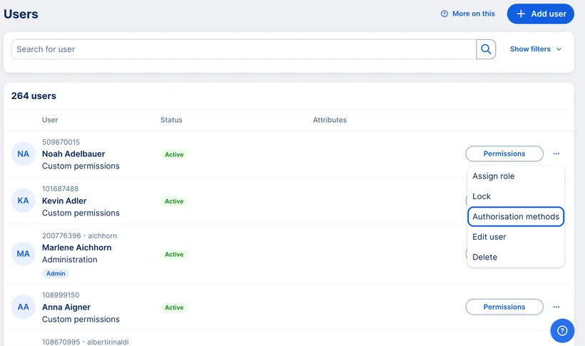 User permissions - menu