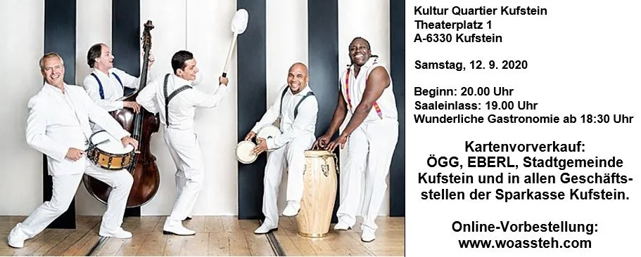 Plakat von Kultur Quartier Kufstein mit Info zum Kartenvorverkauf, Datum und Ort, das Foto zeigt eine Gruppe Männer mit Instrumenten in Bewegung