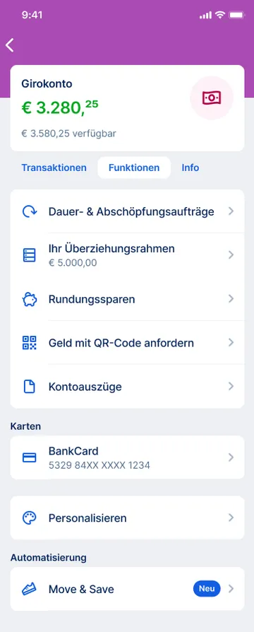Move & Save finden Sie über das "Funktionen"-Menü Ihres Girokontos